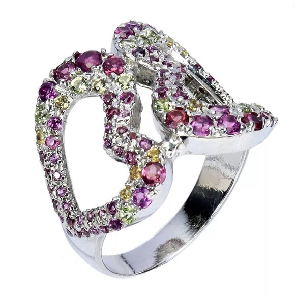 Double Heart Rhodolite Garnet Peridot Gemstone 925 Sterling Silver Ring Size 9 - Picture 1 of 15